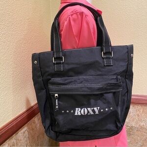 ROXY Nylon Handbag Black Military Stars Glitter Logo Adjustable Side Snaps Purse